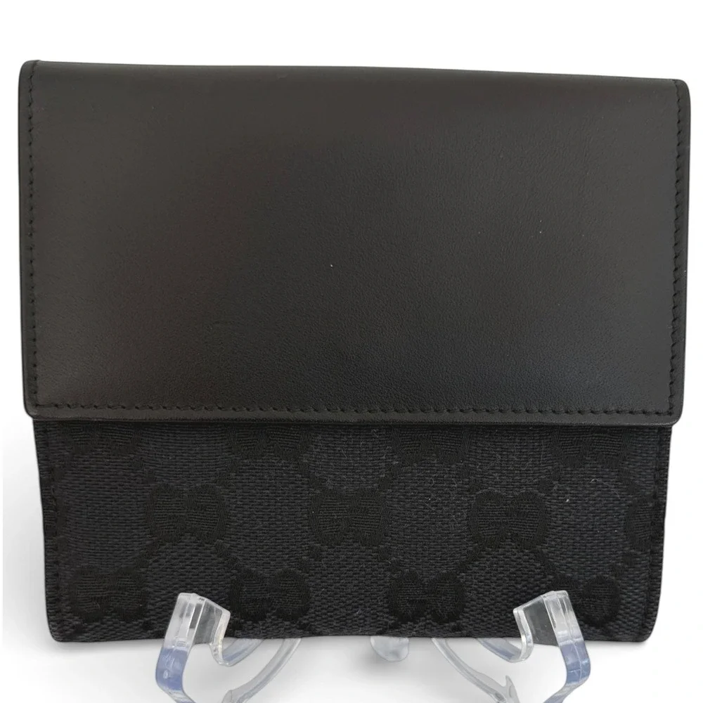 Gucci Vintage GG Canvas Black Leather Piston Clasp Bifold Wallet Made in Italy - Picture 2 of 12